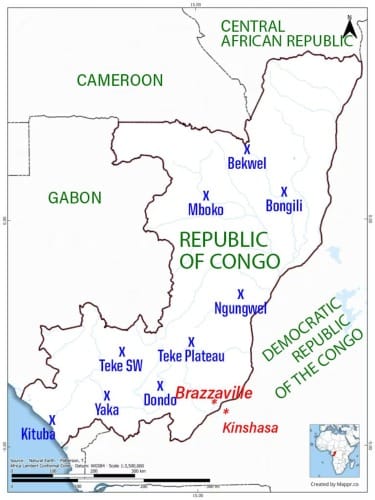 Map of Republic of Congo, DRC, Gabon, Cameroon, and CAR